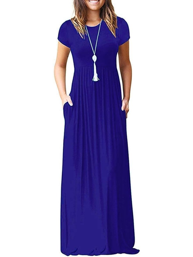 Women's Dark Blue Maxi Short Sleeve Loose Plain Comfy Long Dress W/Pocket